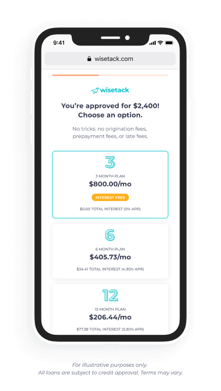 Wisetack financing app showing payment plan options for bed bug treatment